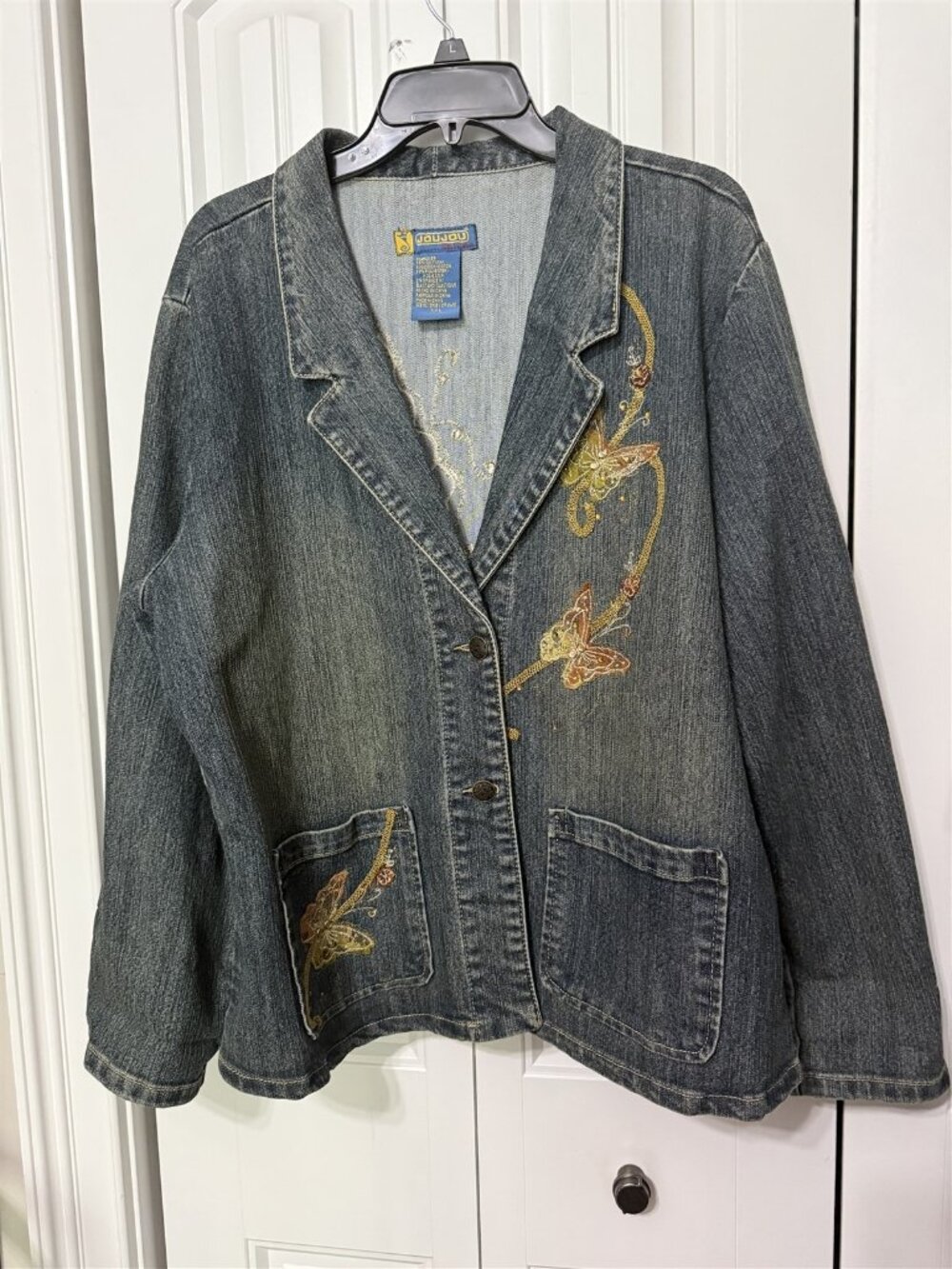 Joujou Womens Y2k Denim Jacket Xxl Embroidered Butterfly Blazer Blue Boho